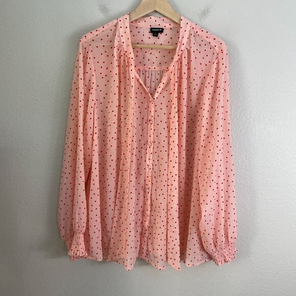 Torrid Womens Plus 2X Pink Polka Dot Tie Neck Blouse Long Sleeve Shirt Top - Picture 6 of 10
